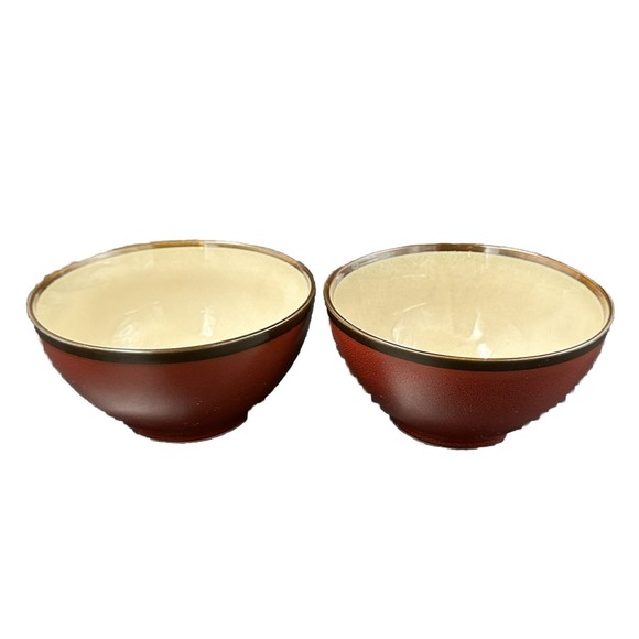 Pier 1 Hand Painted Stoneware Colored Rim Crimson Bowls 6 Inch Diameter Set of 2 - Picture 5 of 7